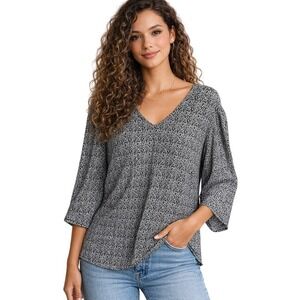 Adrianna Papell Women's 2X Black White Ditsy Floral Print V Neck 3/4 Sleeve Top